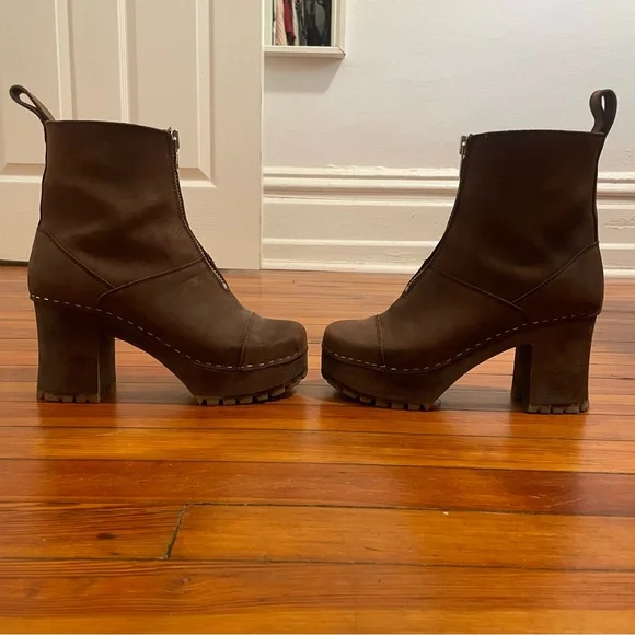 Swedish Hasbeens Zip Front Platform Clog Boot Scandi Size 41 Women Brown Nubuck - Picture 2 of 12